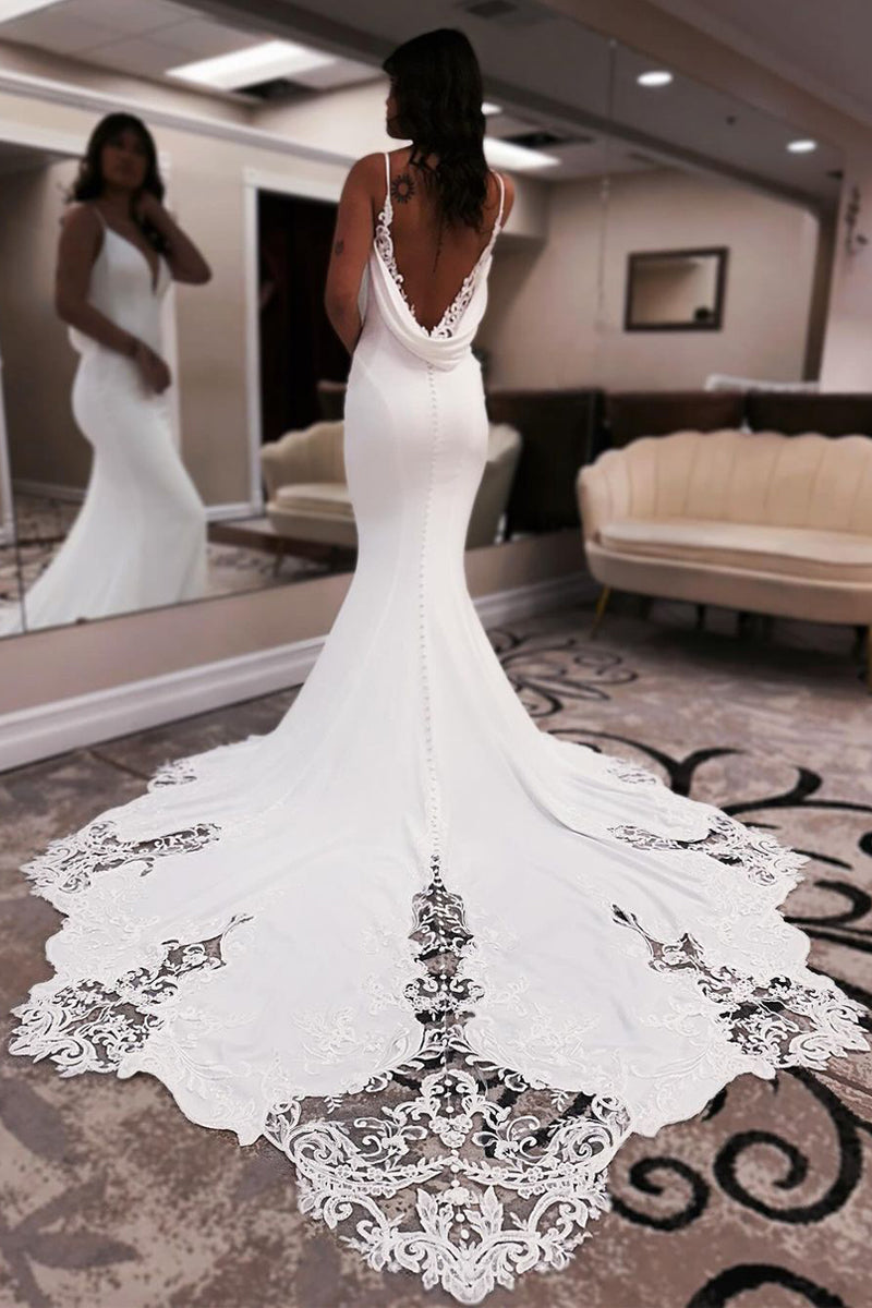 Glamorous Mermaid V Neck Elastic Satin Wedding Dresses Gown with Appliques HS681