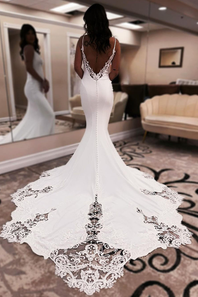 Glamorous Mermaid V Neck Elastic Satin Wedding Dresses Gown with Appliques HS681
