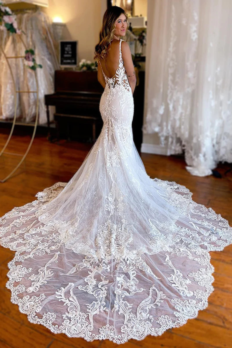 Glamorous Mermaid V Neck Lace Beach Wedding Dresses Gown HS688