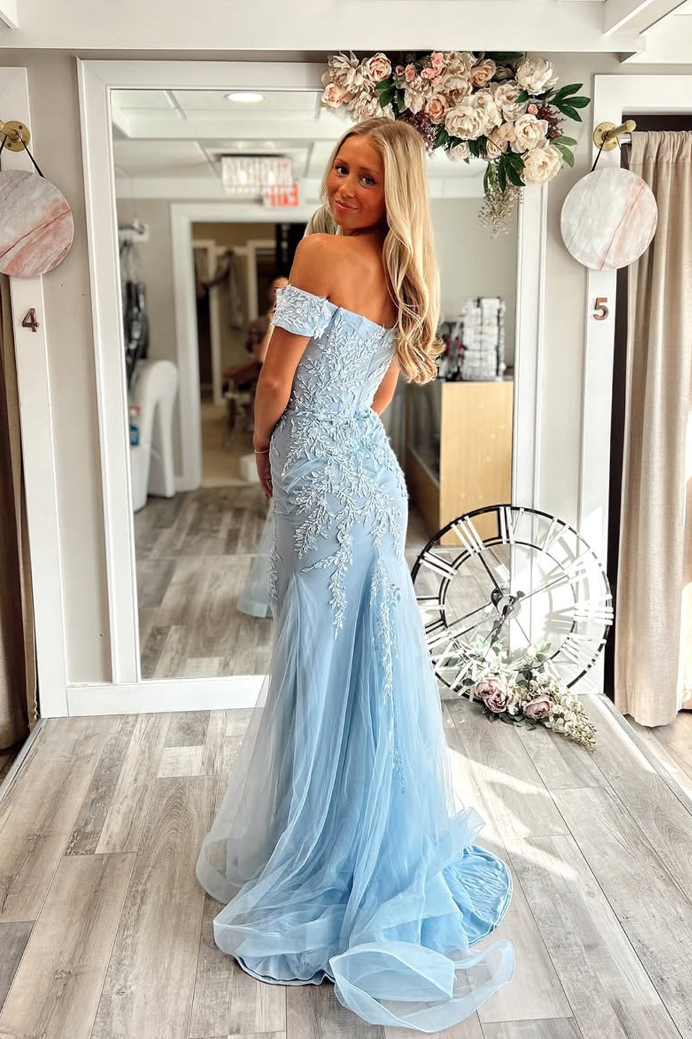 Stunging Mermaid Off the Shoulder Light Blue Prom Dress Gown with Appliques LF1188