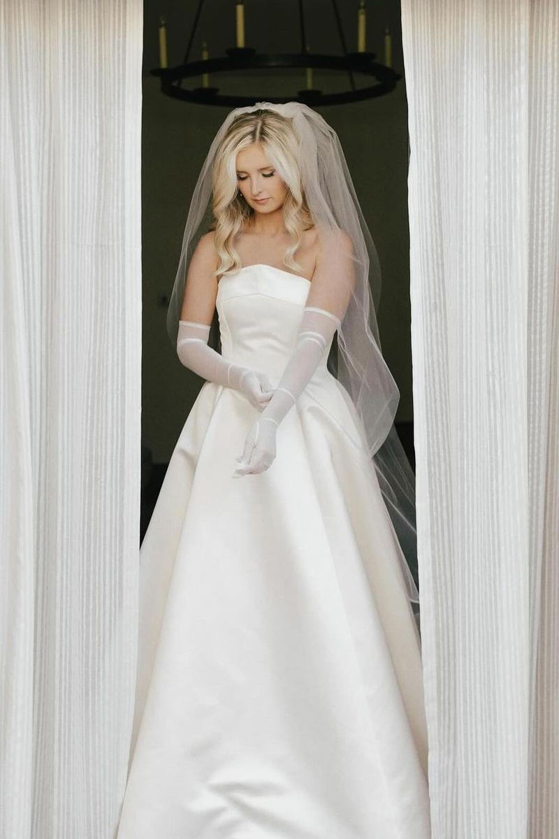 Dazzling A-Line Strapless Satin Wedding Dresses Gown HS689
