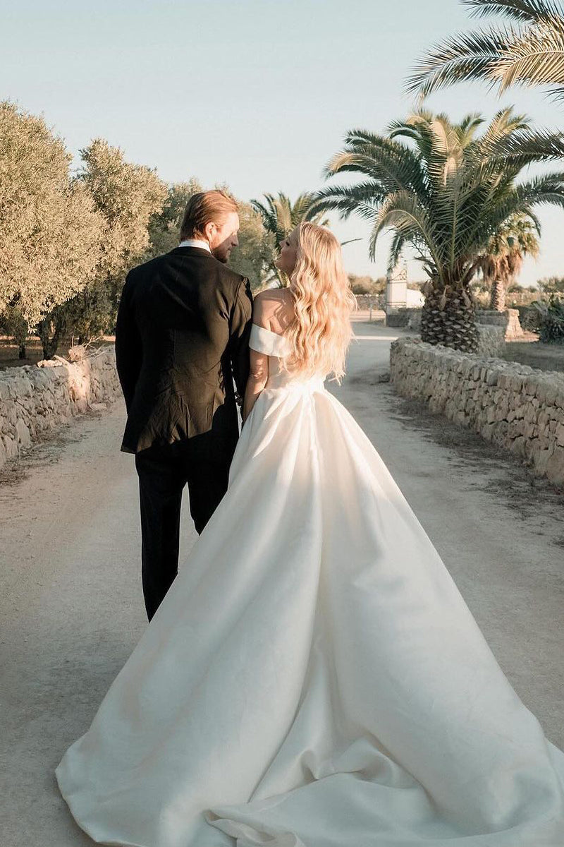 Graceful A-Line Off the Shoulder Satin Wedding Dresses Gown with Slit HS686