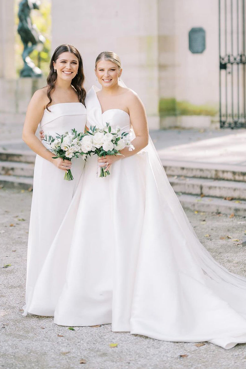 Graceful A-Line One Shoulder White Satin Wedding Dresses Gown HS682