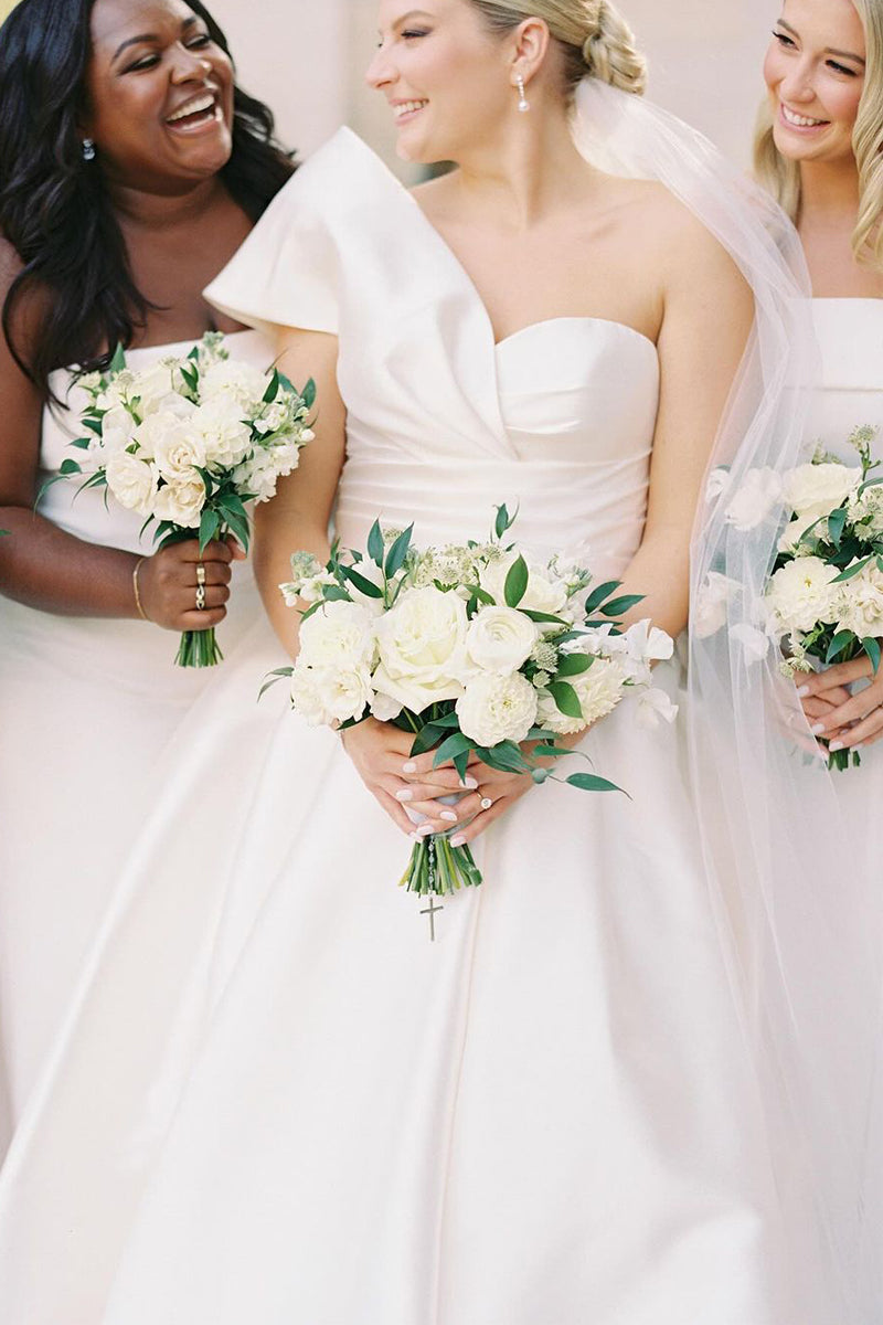 Graceful A-Line One Shoulder White Satin Wedding Dresses Gown HS682