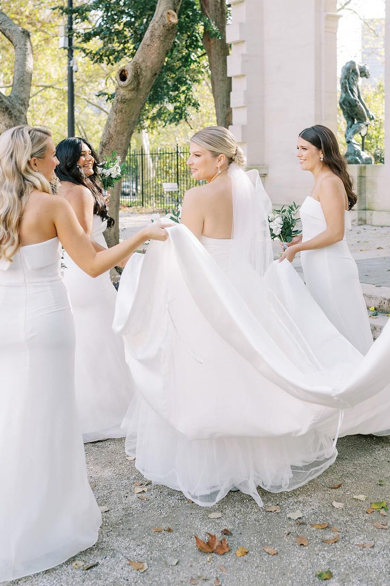 Graceful A-Line One Shoulder White Satin Wedding Dresses Gown HS682