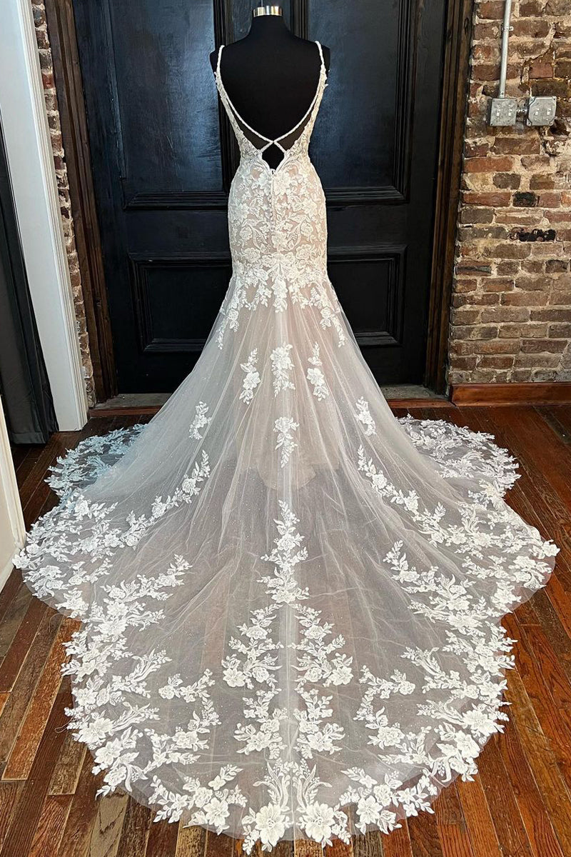 Graceful Mermaid V Neck Lace Champagne Wedding Dresses Gown HS895