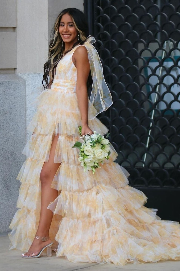 Fairy A Line V-Neck Coral Floral Print Layered Tulle Long Prom Dress Gown with Slit