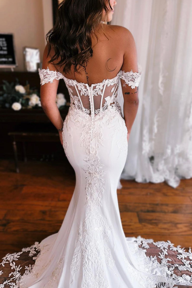 Bohemain Mermaid Sweetheart Elastic Satin Wedding Dresses Gown with Appliques HS760