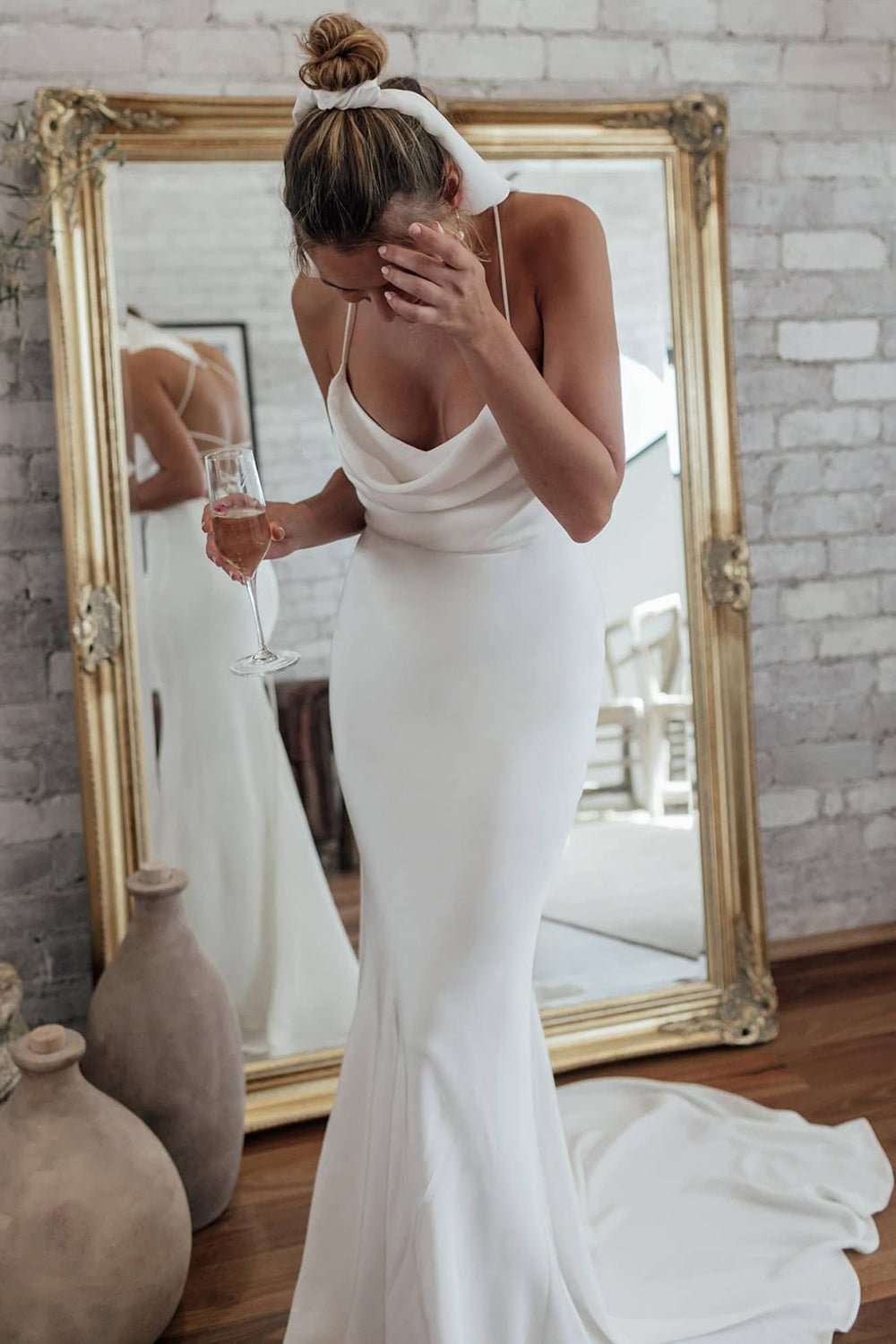Simple White Satin Spaghetti Straps Mermaid Wedding Dresses/Gowns HS23101704