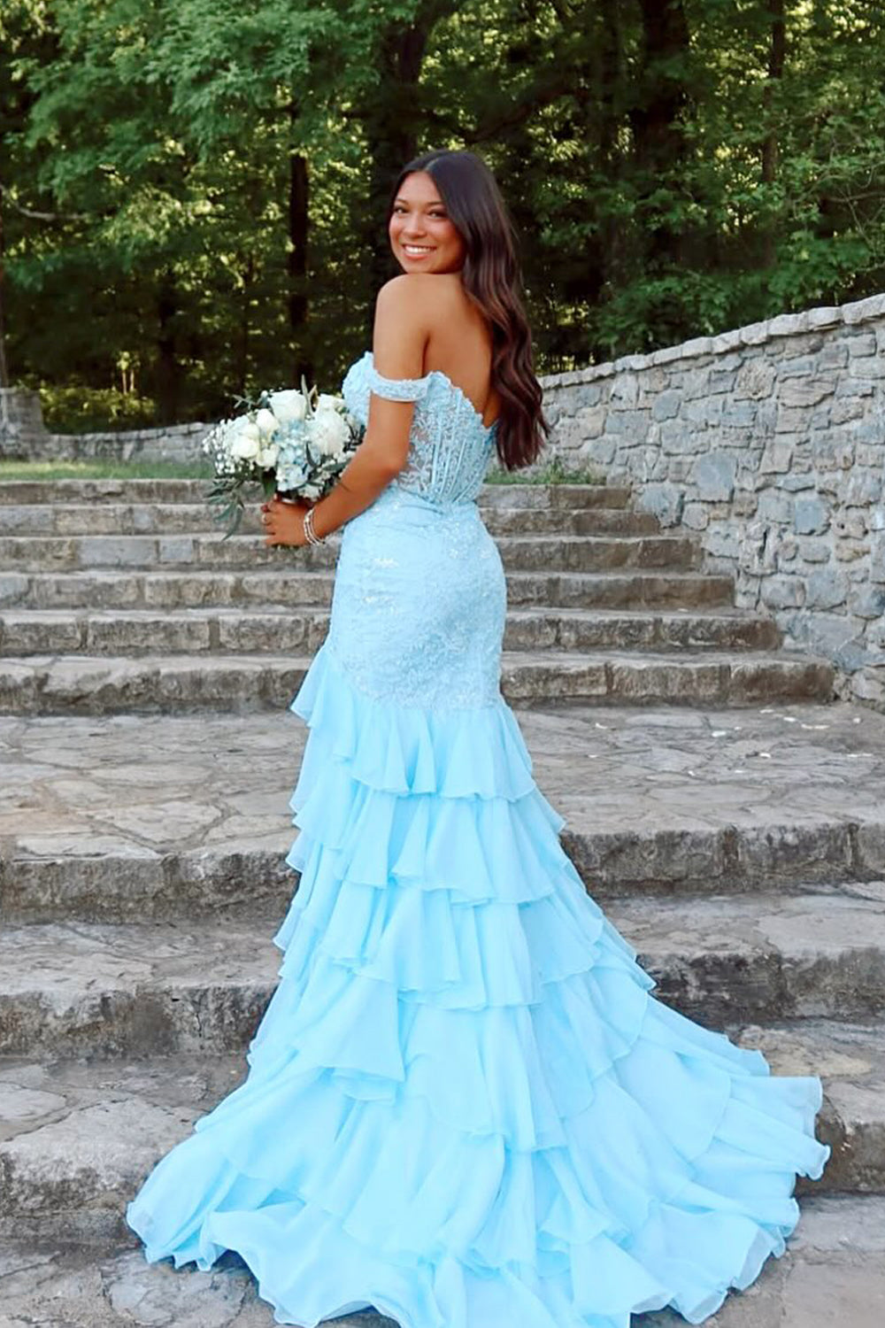 Stunging Mermaid Off the Shoulder Light Blue Tiered Prom Dress Gown with Slit LF1379