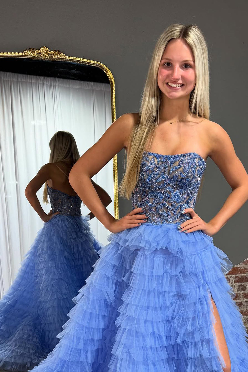 Dazzling Ball Gown Strapless Blue Tiered Tulle Prom Dress Gown with Beading LF1353