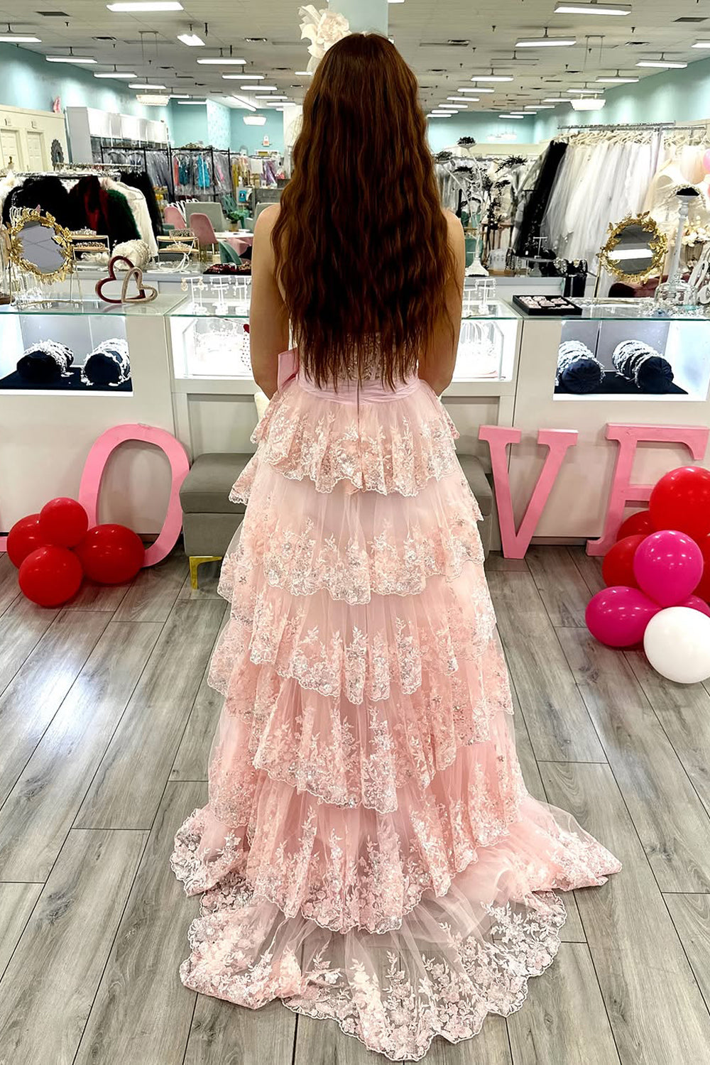A-Line Sweetheart Pink Sequin Lace Ruffle Tiered Long Prom Dress Gown with Bowknot LF1246