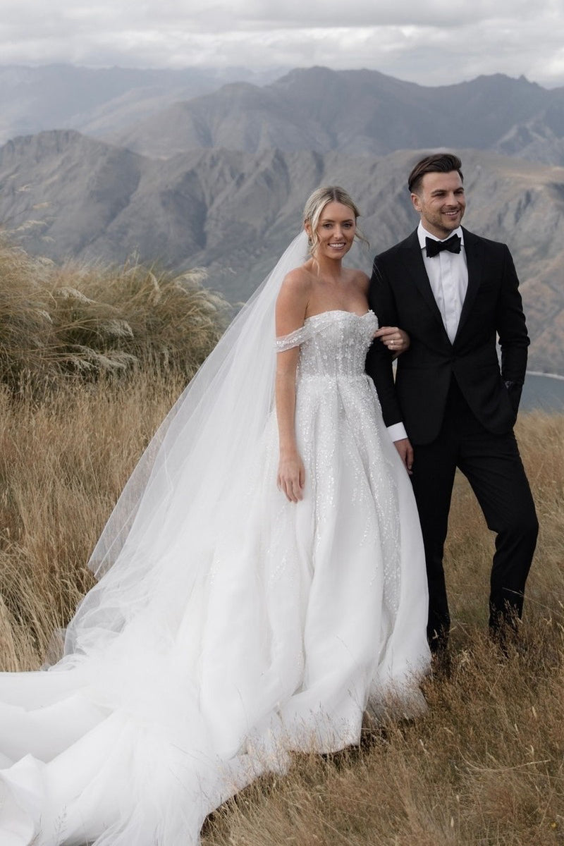 A-Line Off the Shoulder White Sequin Wedding Dresses Gown HS837