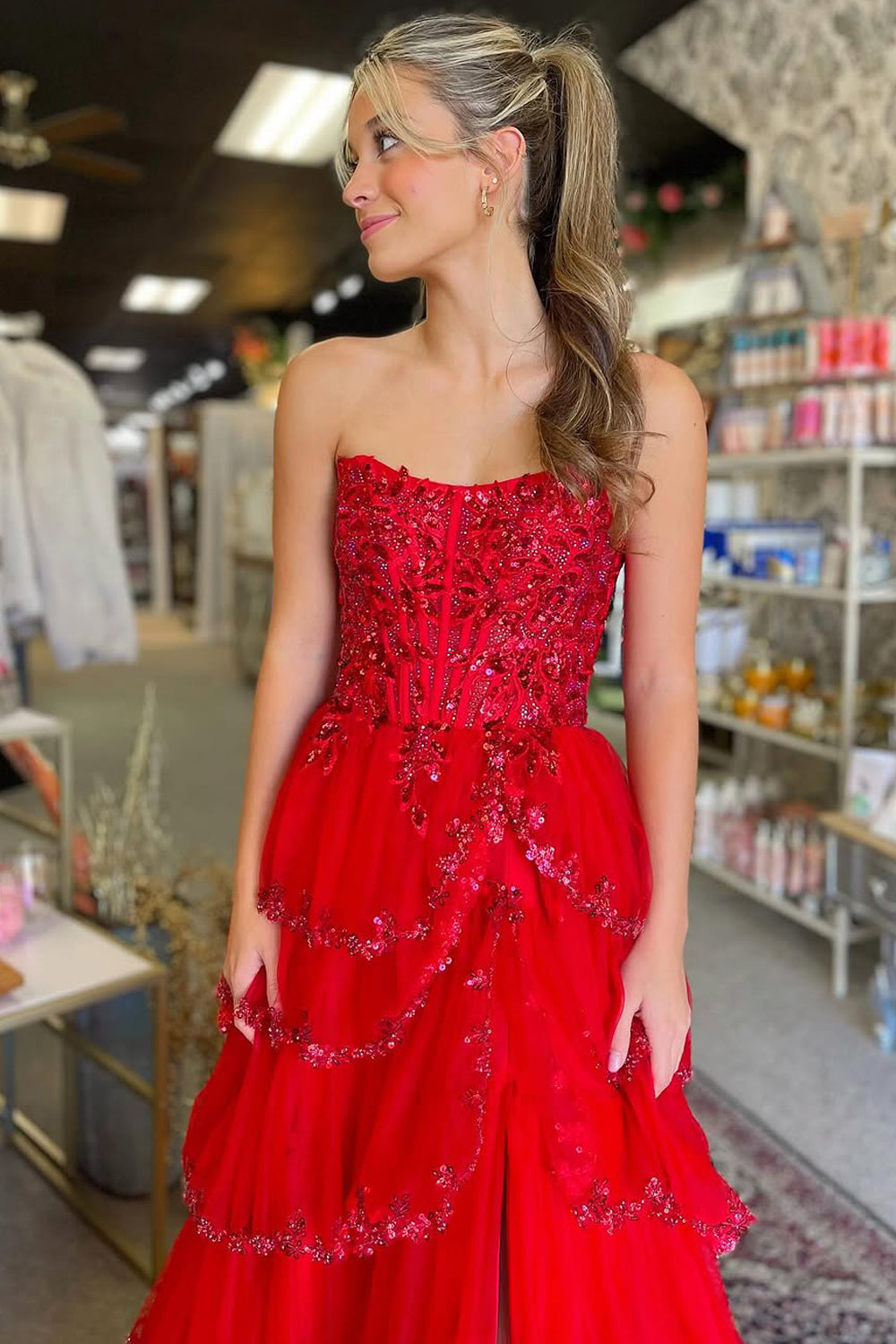 Stunging A Line Strapless Red Tulle Tiered Prom Dress Gown with Appliques LF1304
