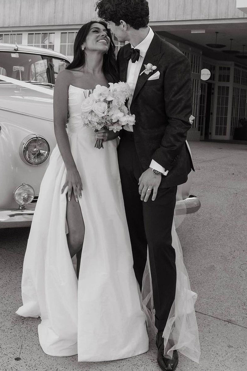 A-Line White Satin Strapless Wedding Dresses Gown with Slit HS759