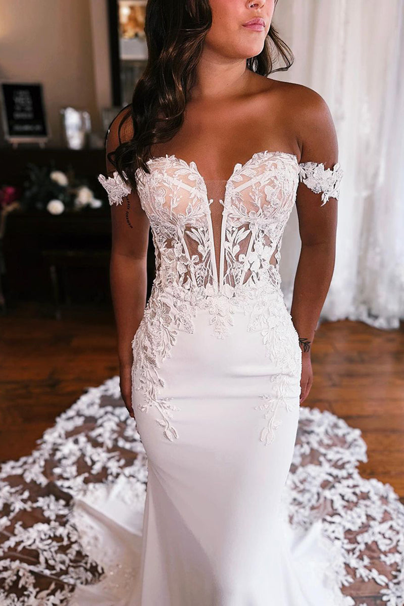 Bohemain Mermaid Sweetheart Elastic Satin Wedding Dresses Gown with Appliques HS760