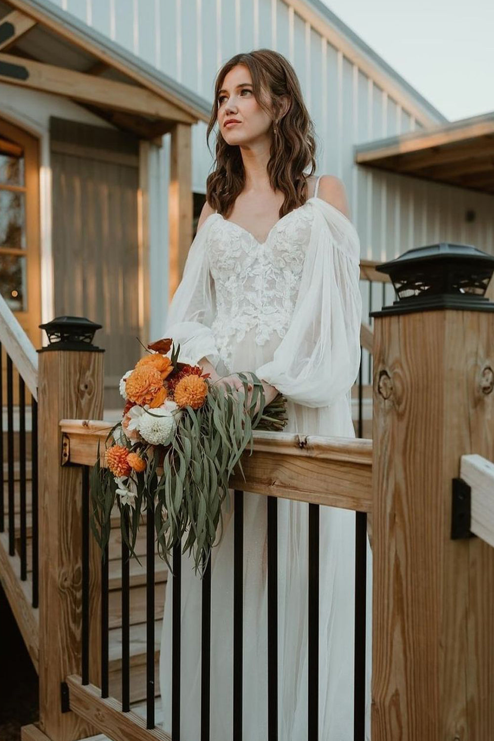 Pastoral Style A-Line Off the Shoulder Tulle Wedding Dresses Gown HS843