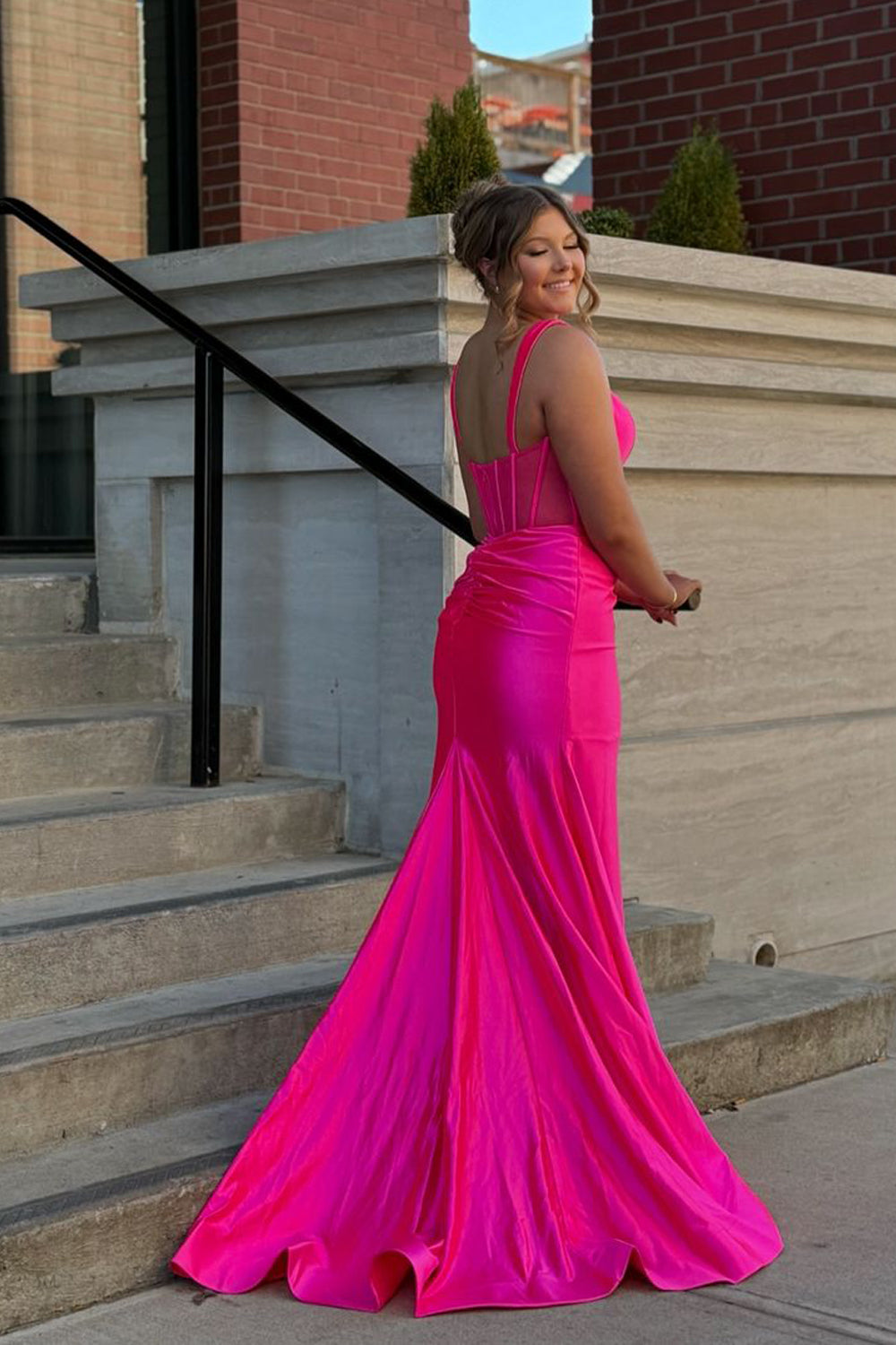 Mermaid Square Neck Satin Pink Slit Prom Dress Gown LF1281