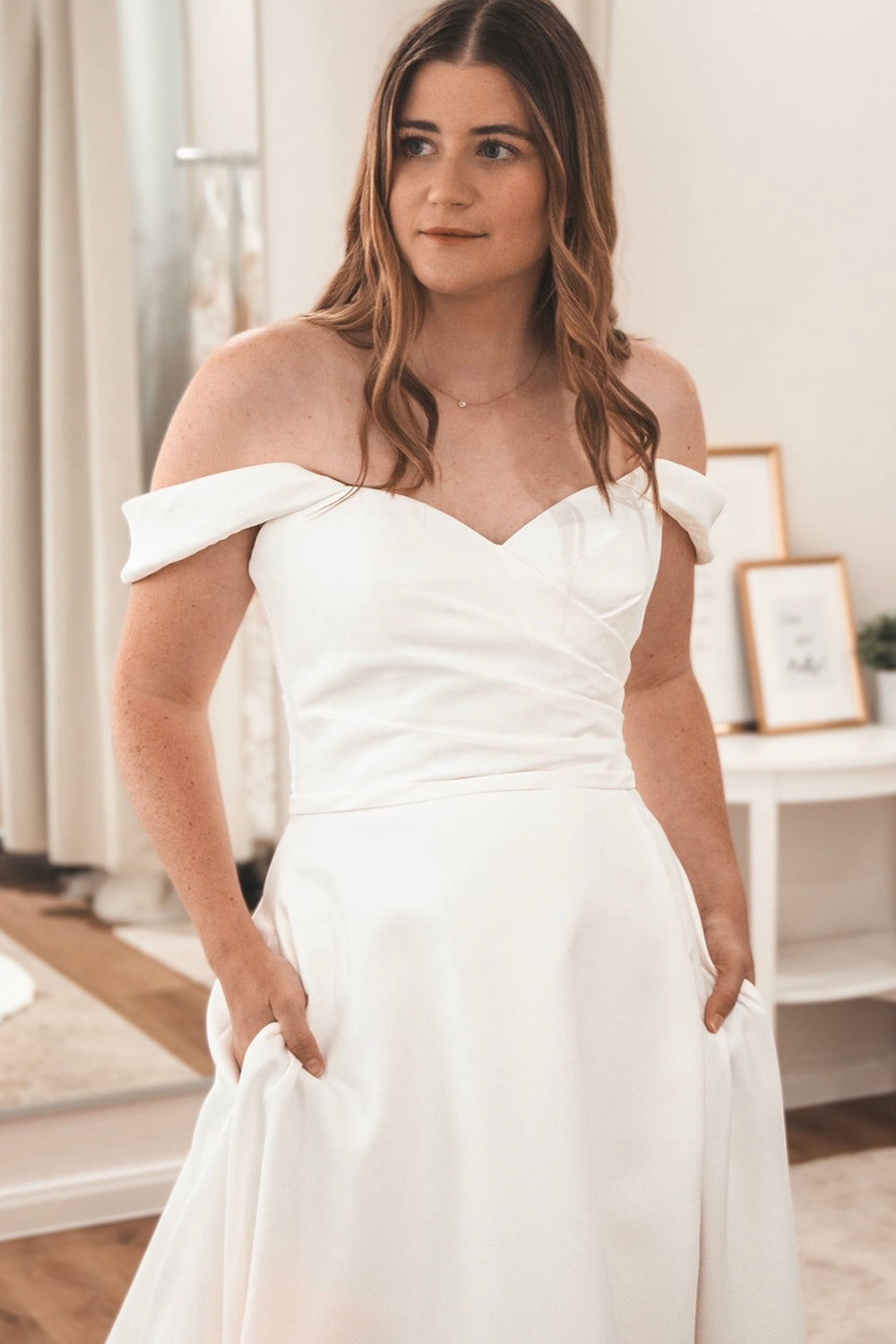 Graceful A Line Off the Shoulder Satin Wedding Dresses Gown HS915