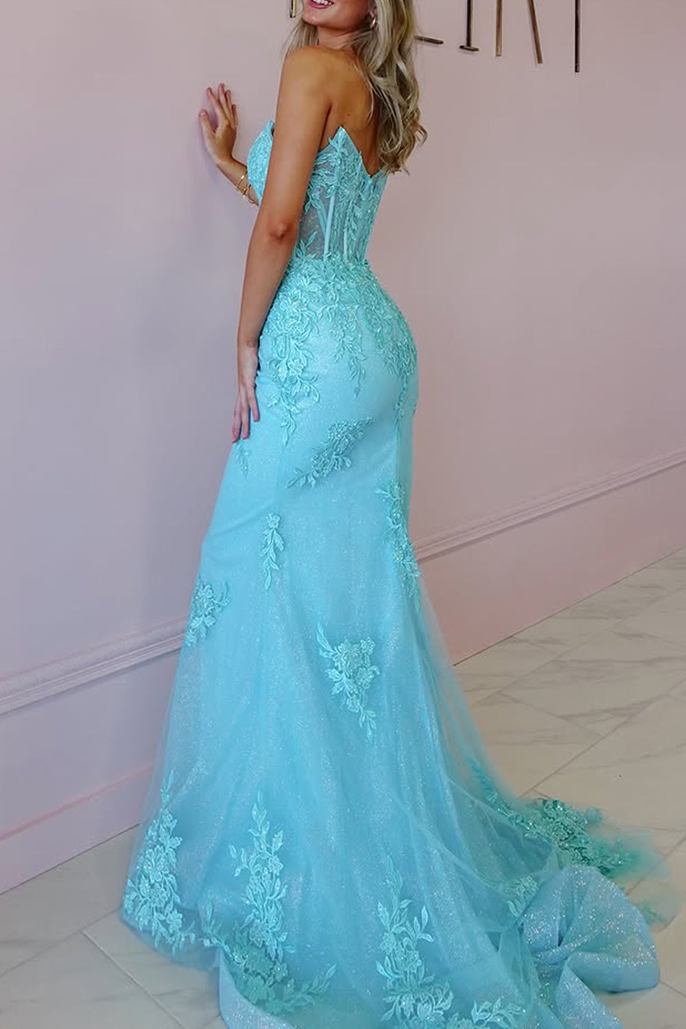 Mermaid Strapless Blue Tulle Long Prom Dress Gown with Appliques LF1223