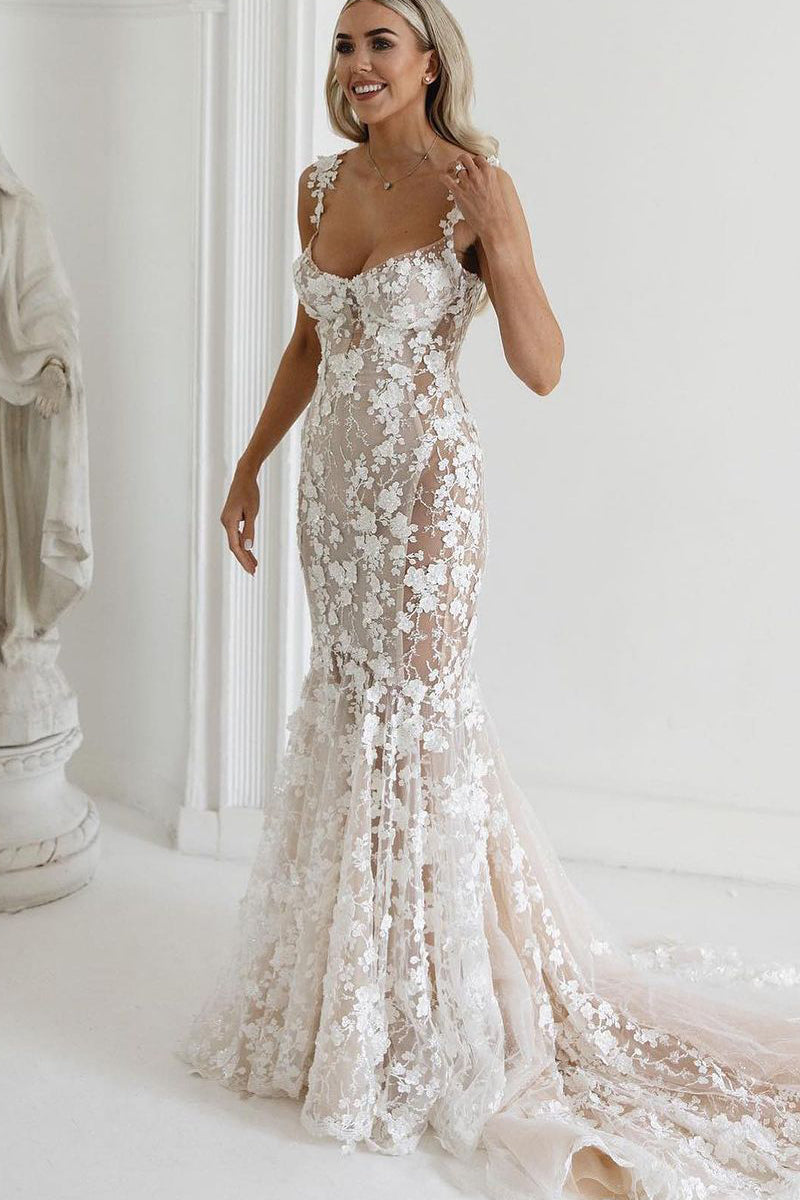 Charming Mermaid Sweetheart See Through Ivory Lace Wedding Dresses/Gowns HS23081008