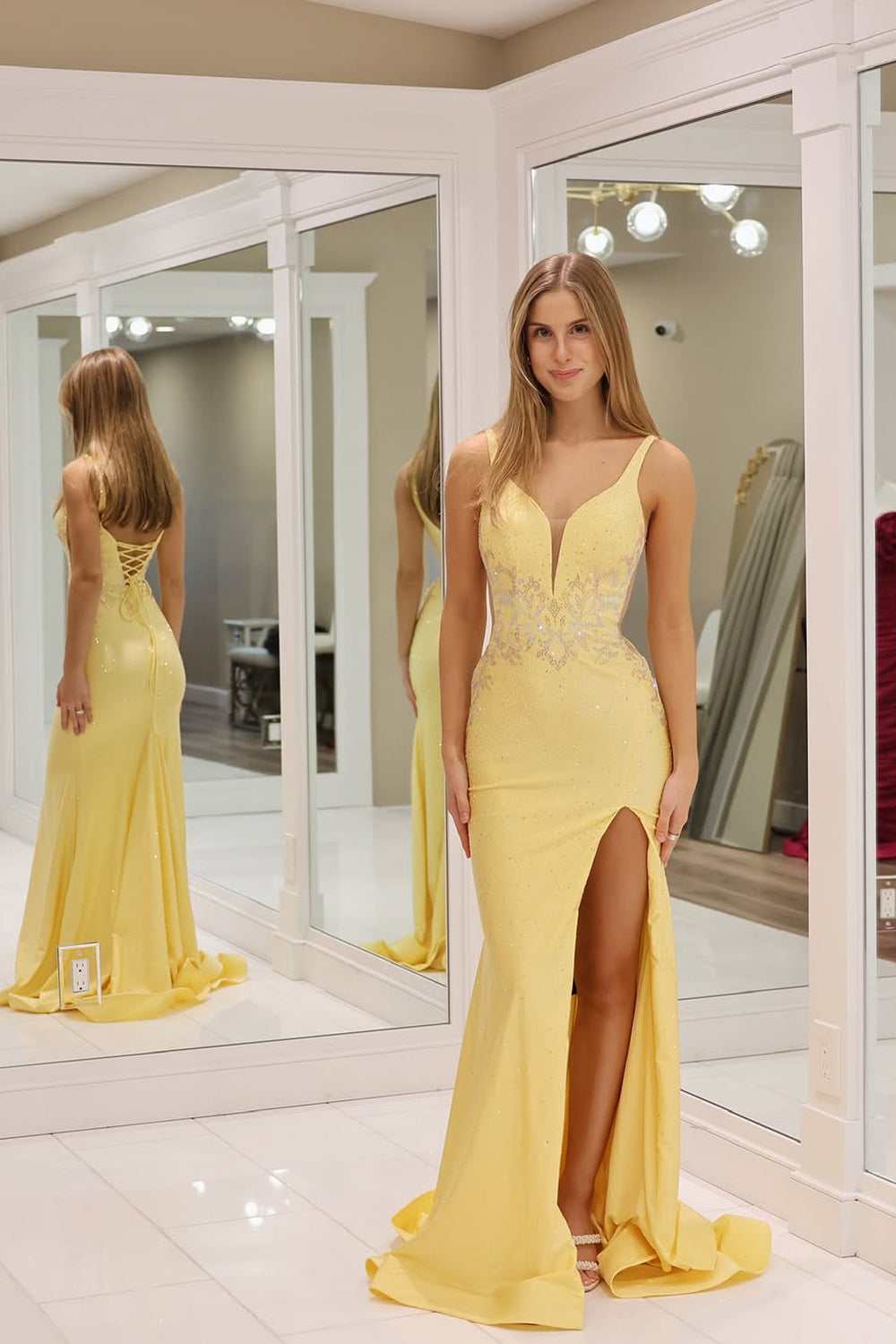 Mermaid V Neck Yellow Satin Long Prom Dress Gown with Slit LF1356