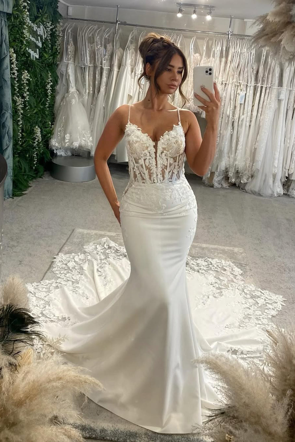 Bohemian Mermaid V Neck Satin Long Wedding Dresses Gown with Appliques HS806