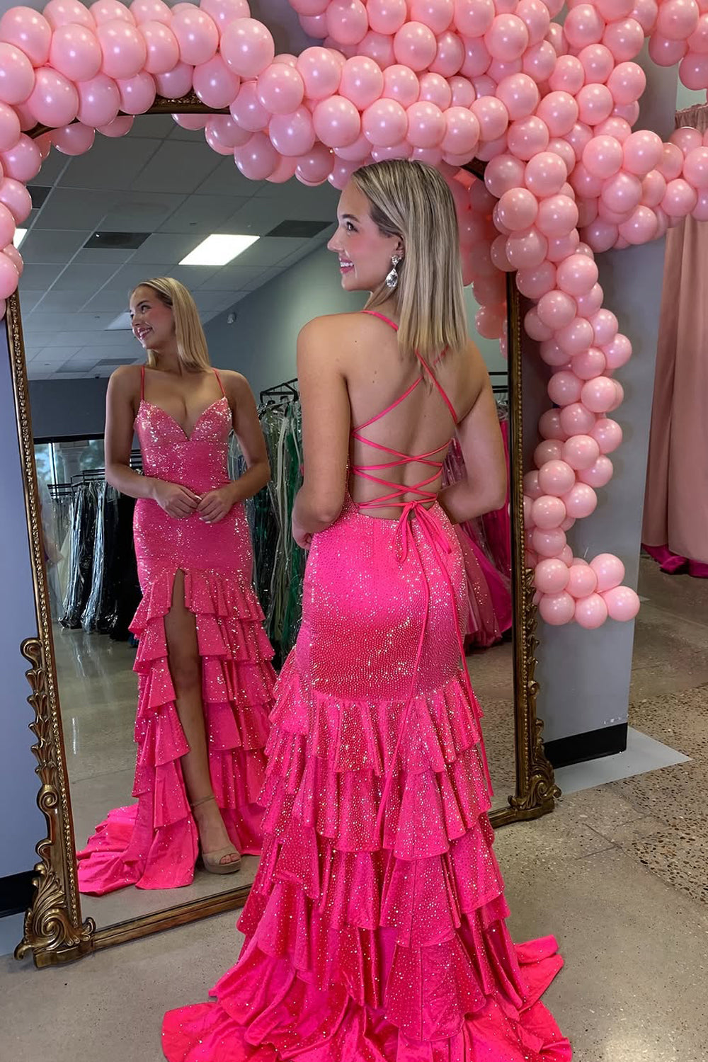 Mermaid V Neck Fuchsia Ruffle Tiered Long Prom Dress Gown with Slit LF1220