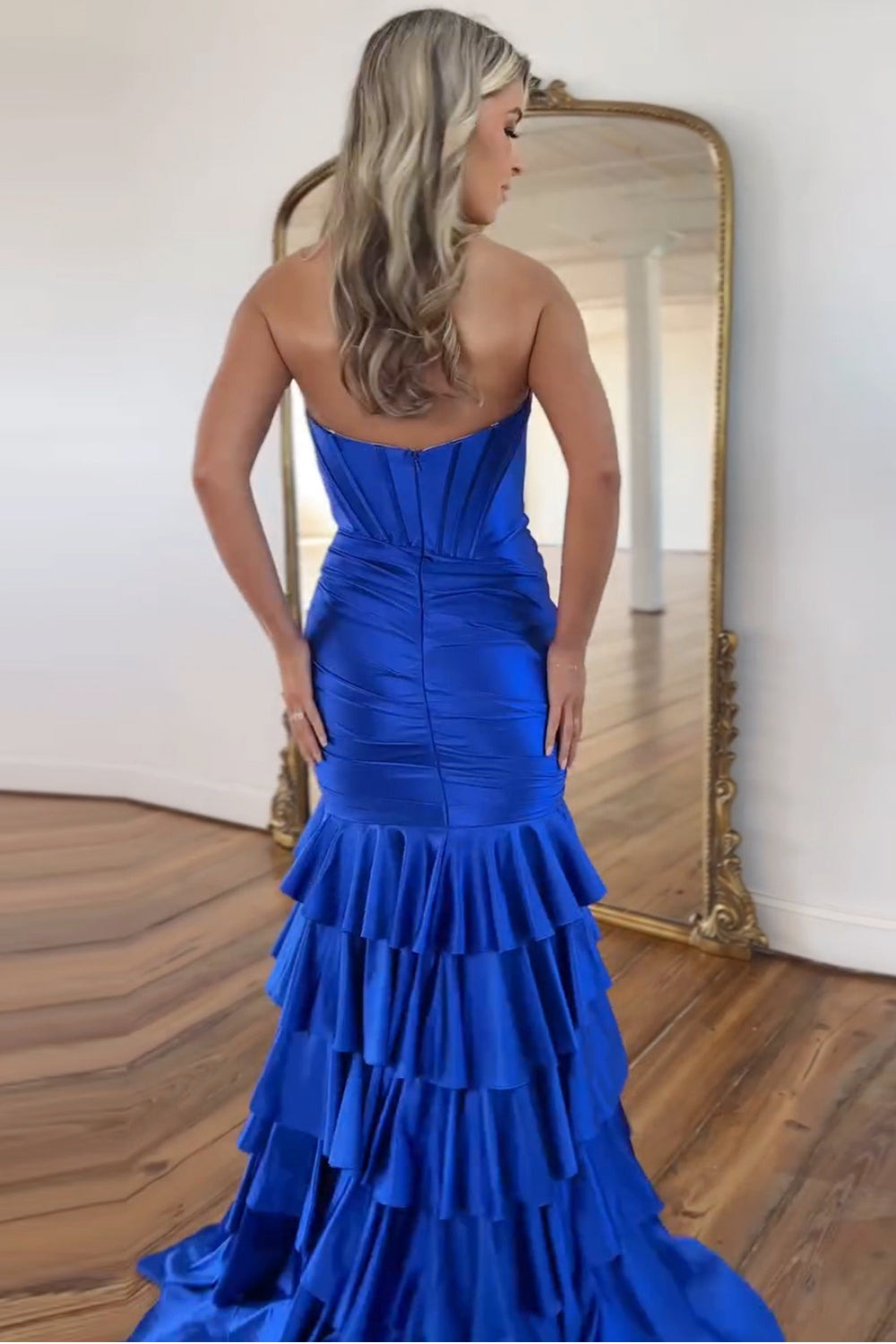 Royal Blue Mermaid Sweetheart Corset Satin Ruffled Tiered Long Prom Dress Gown with Slit LF1310