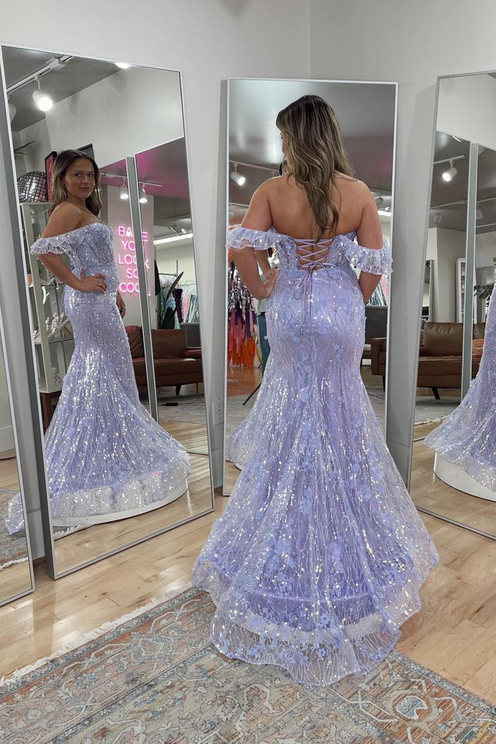 Mermaid Off the Shoulder Lavender Sequin Lace Prom Dress Gown LF1237