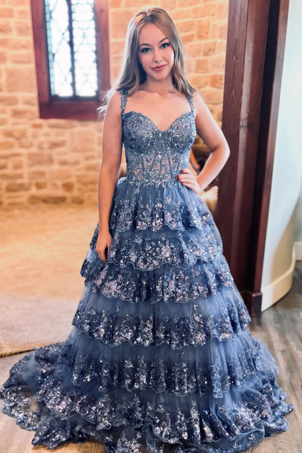 Gogeous A Line Sweetheart Navy Tulle Sequins Prom Dress Gown LF1227