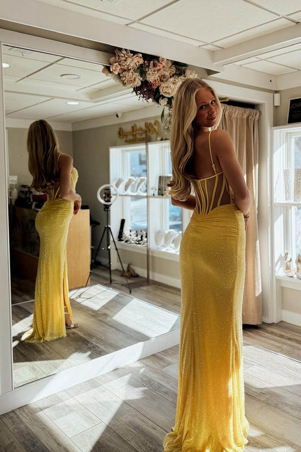 Mermaid Sweetheart Yellow Sequins Long Prom Dress Gown with Slit LF1381