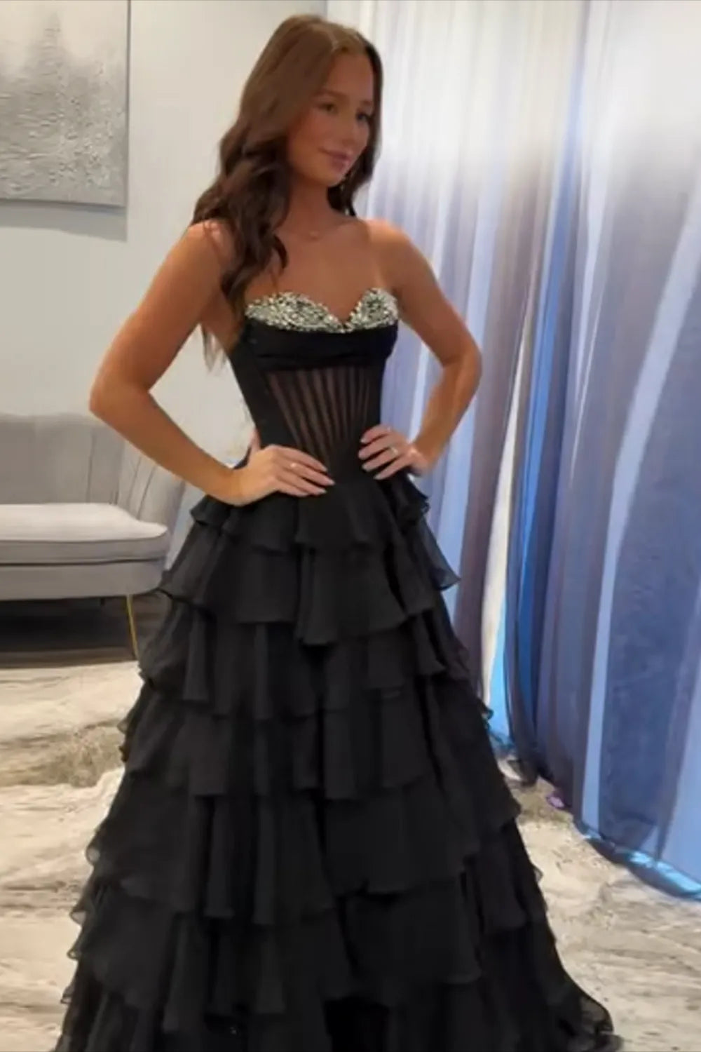 Black A Line Corset Ruffle Tiered Long Prom Dress Gown with Beadings LF1311