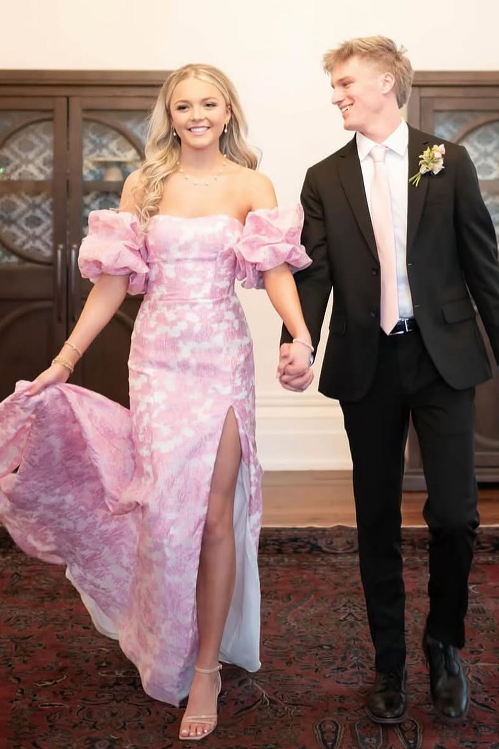 Mermaid Strapless Pink Floral Printed Long Prom Dress Gown with Sleeves LF1319