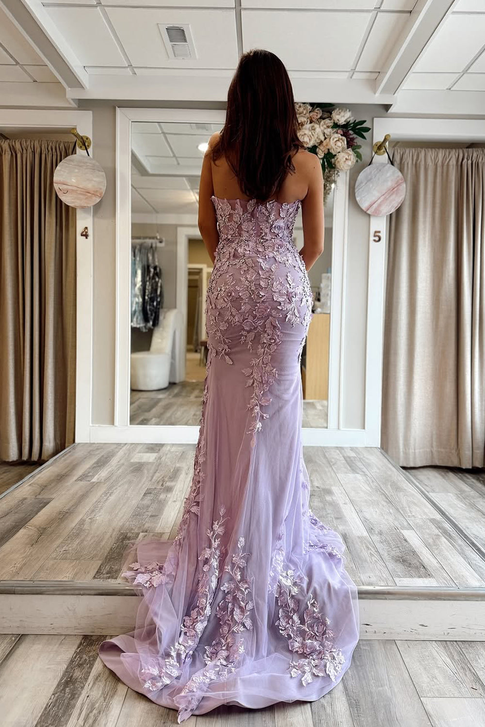 Mermaid Strapless Lilac Long Prom Dress Gown with Appliques LF1389