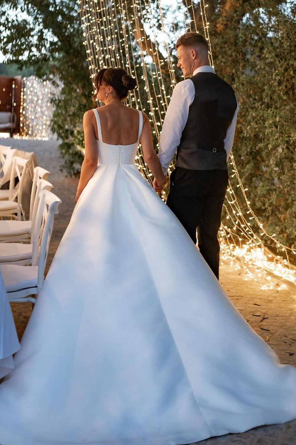 Modern A Line Square Neck Satin Long Wedding Dresses Gown with Slit HS998