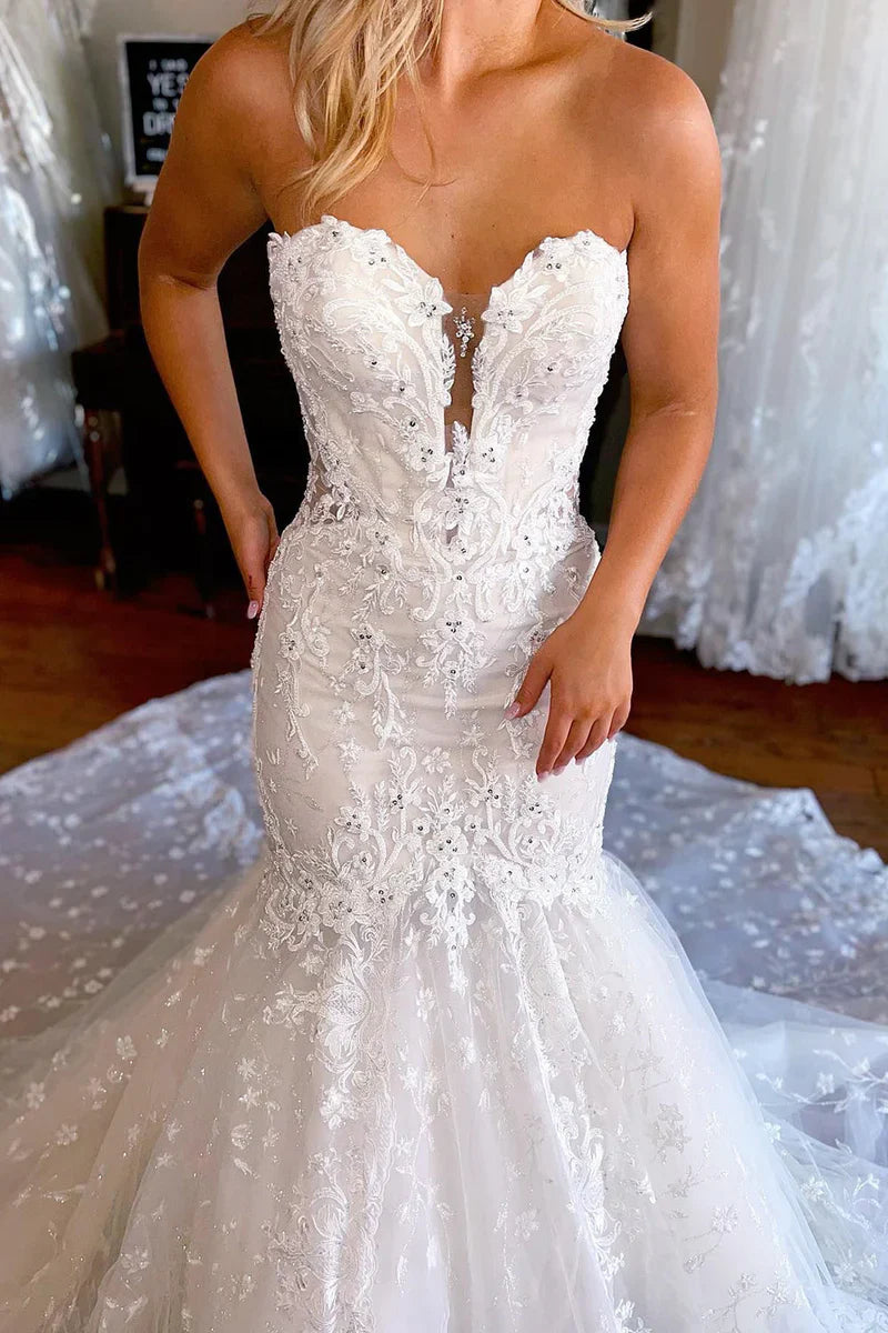 Gorgeous Mermaid Sweetheart Lace Wedding Dresses/Gowns with Sleeves HS2410214