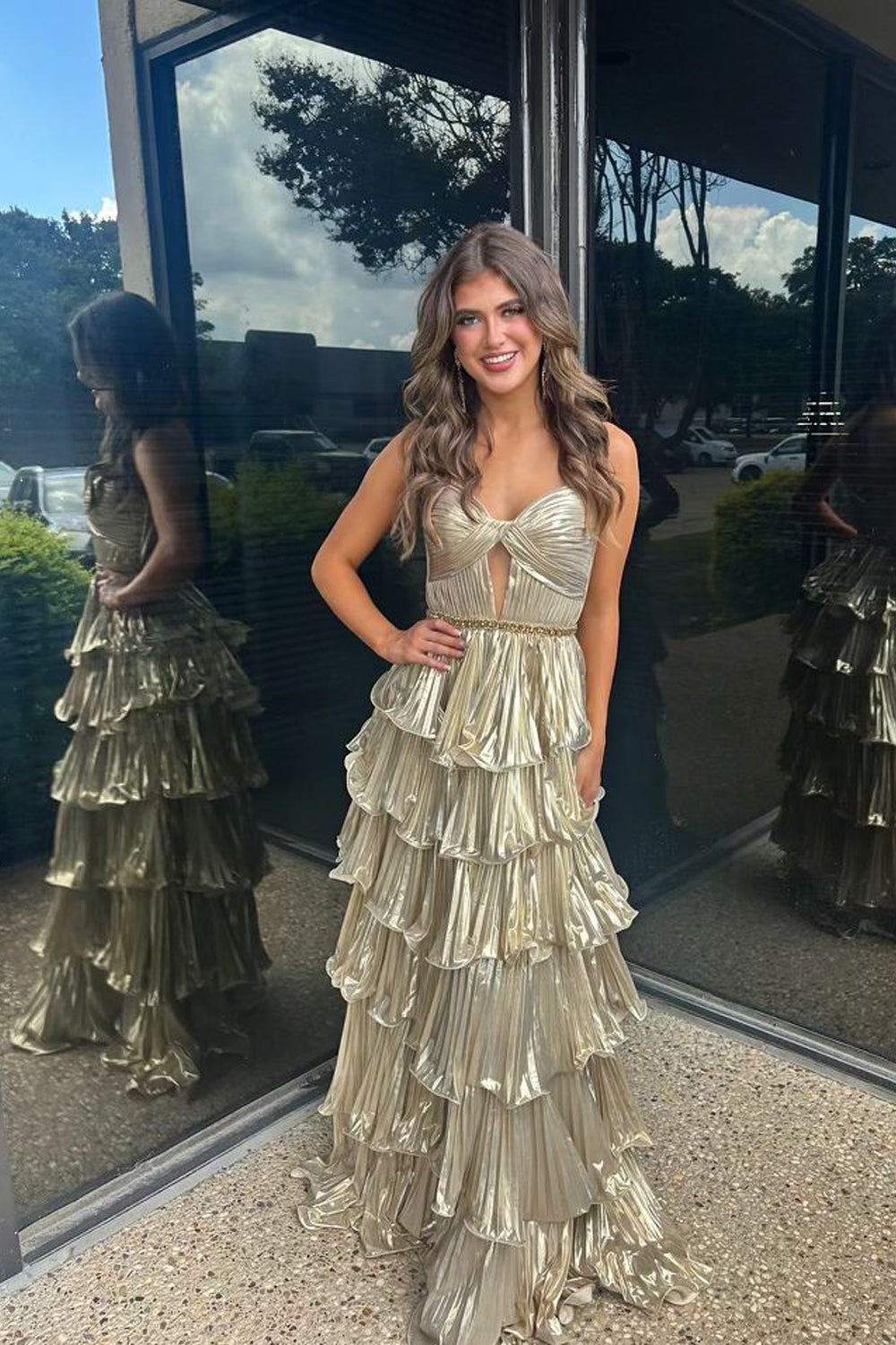 Glamorous A Line Sweetheart Champagne Pleat Prom Dress Gown with Beading LF1316