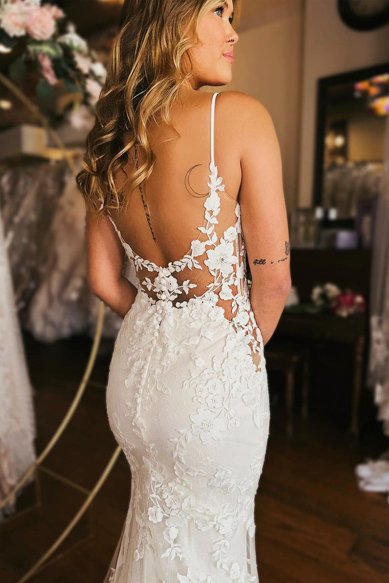 Elegant Mermaid V Neck Lace Wedding Dresses/Gowns HS24012001