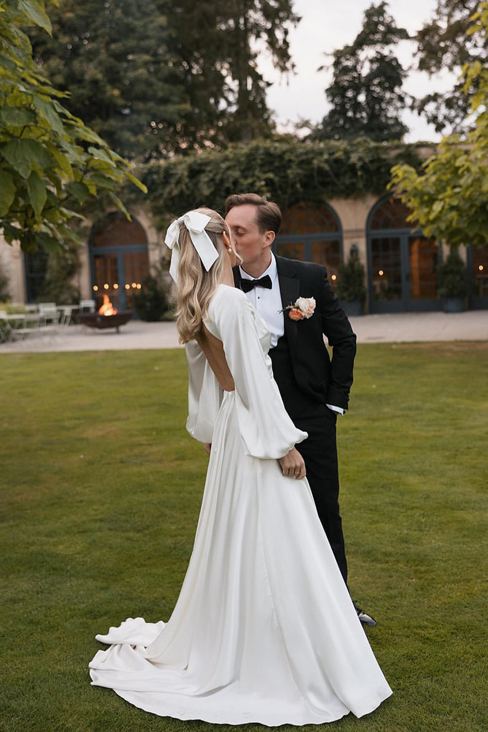 Dazzling A Line V Neck White Satin Wedding Dresses Gown with Ruffled Sleeves HS889