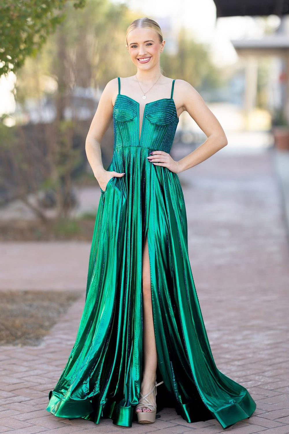 Stunging A Line Straps Green Satin Slit Prom Dress Gown with Beading