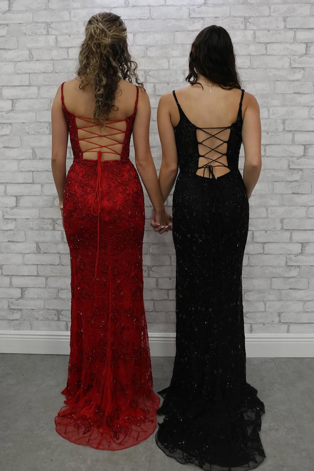 Mermaid V Neck Red Sequin Lace Long Prom Dress Gown with Slit LF1387