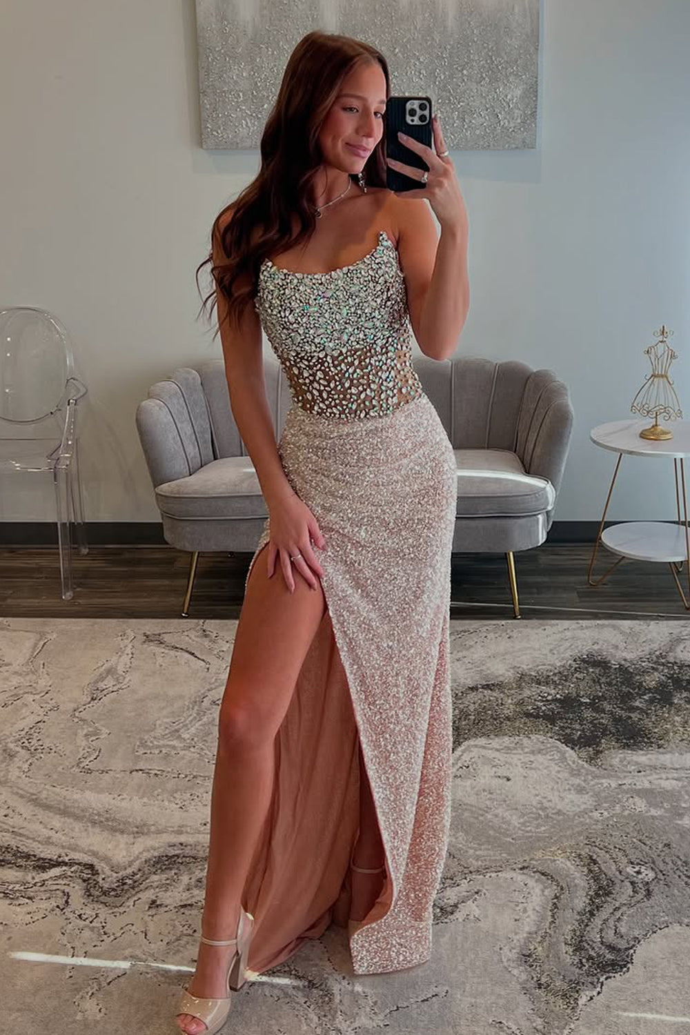 Mermaid Strapless Blush Pink Sequins Long Prom Dress Gown with Slit LF1226