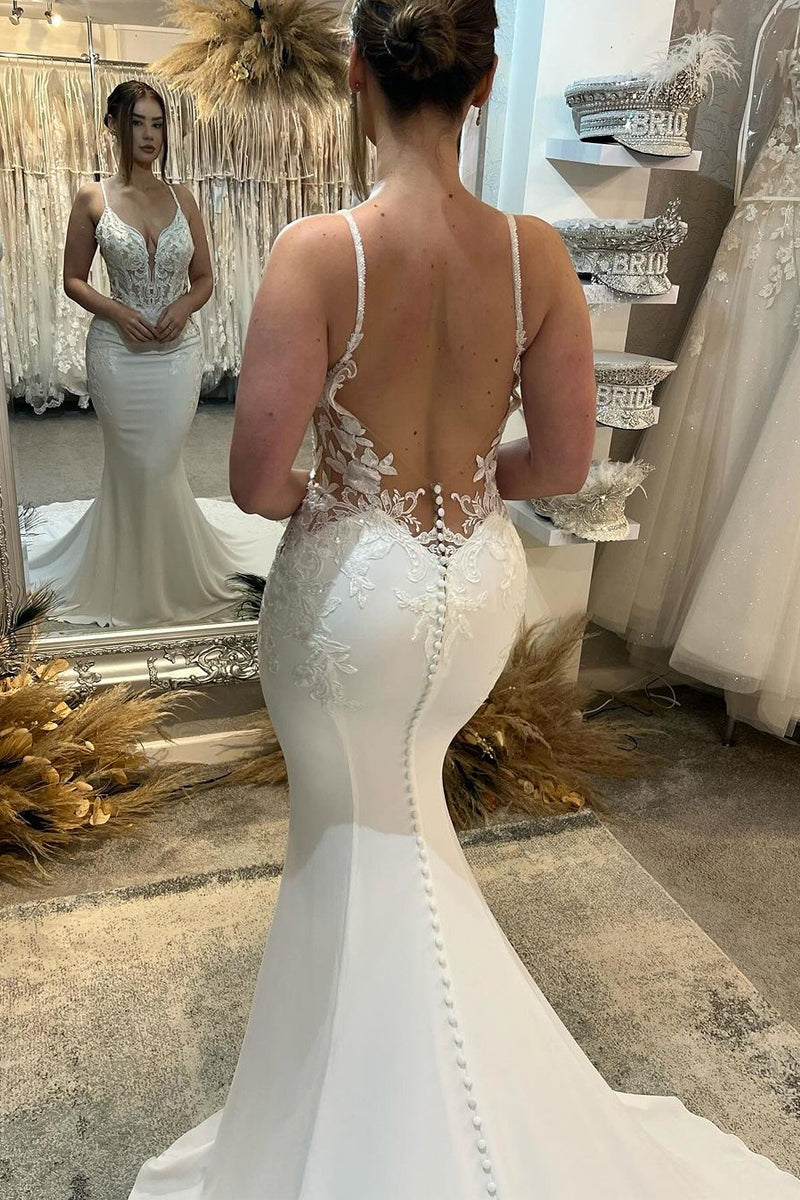 Mermaid V Neck Satin Wedding Dresses/Gowns with Appliques HS23122206