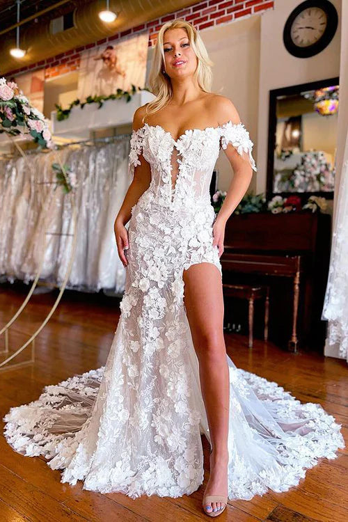 Glamorous Mermaid Sweetheart White Wedding Dresses Gown with Flower Appliques HS673