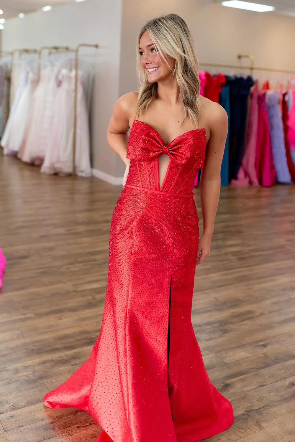 Mermaid Strapless Red Satin Beads Long Prom Dress Gown with Slit LF1391
