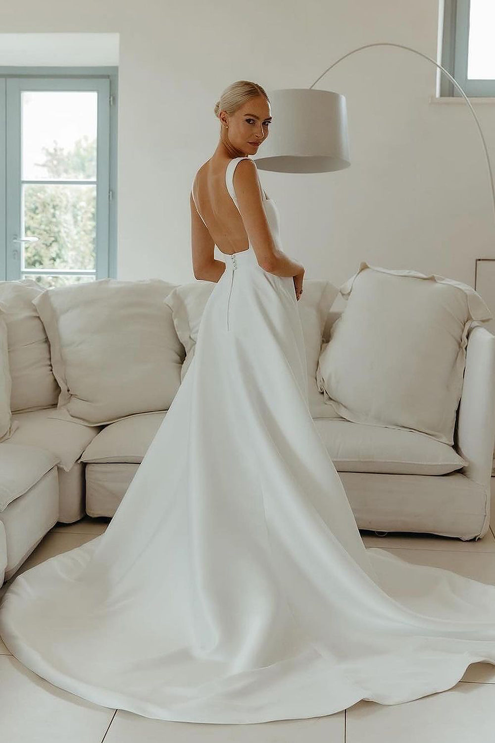 Modern A Line Square Neck Satin Long Wedding Dresses Gown HS970