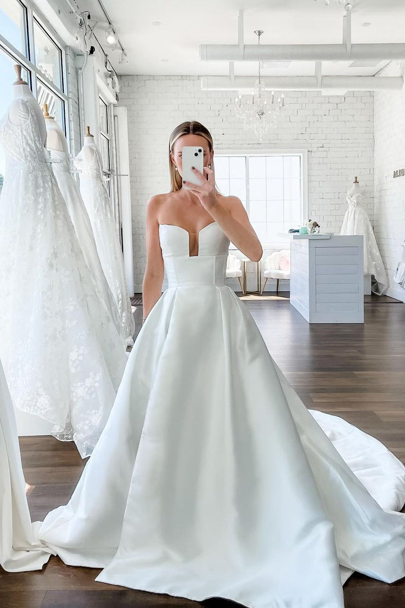 A-Line V Neck Satin Wedding Dresses Gown with Detachable Straps HS841
