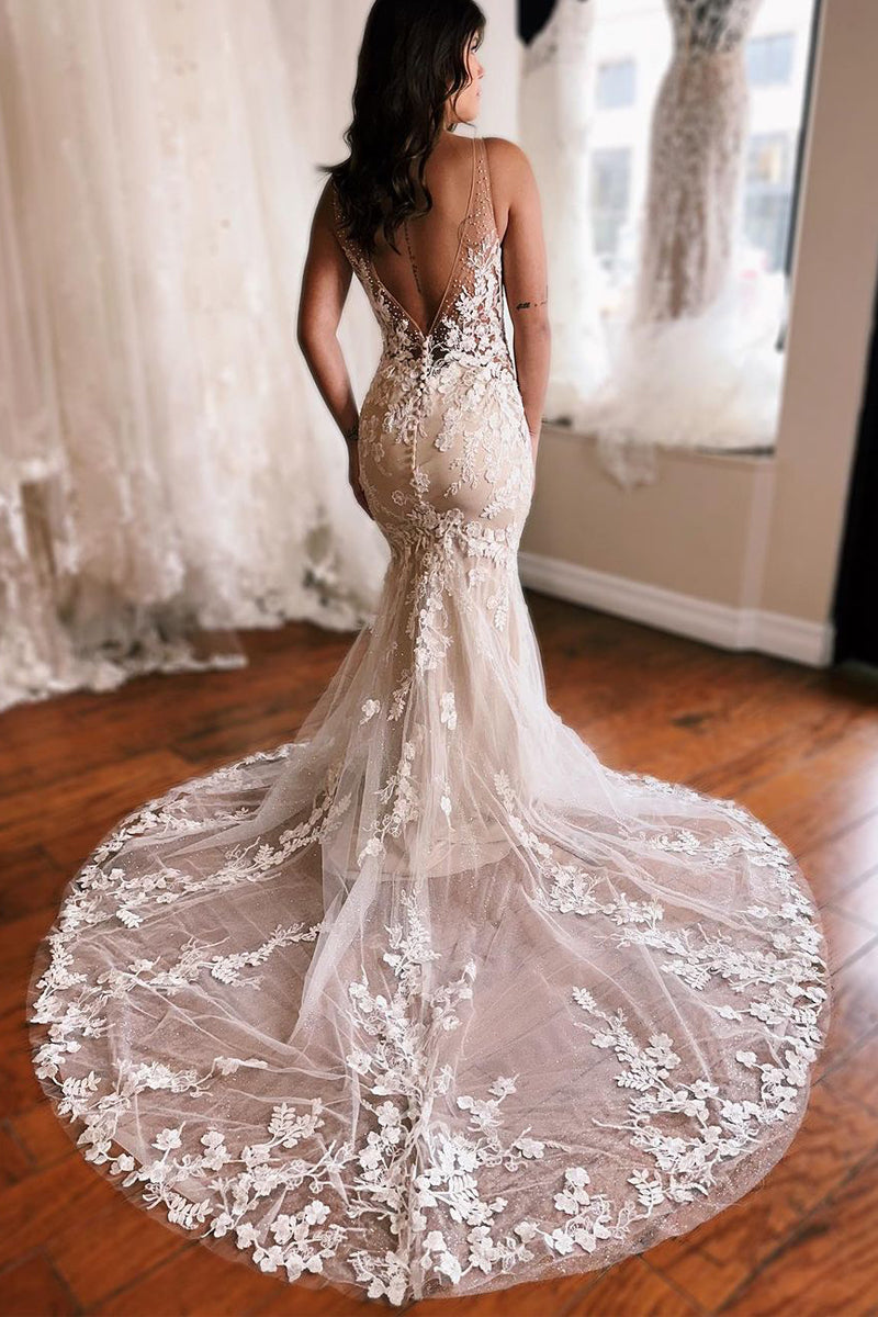 Graceful Mermaid V Neck Tulle Lace Wedding Dresses Gown HS947