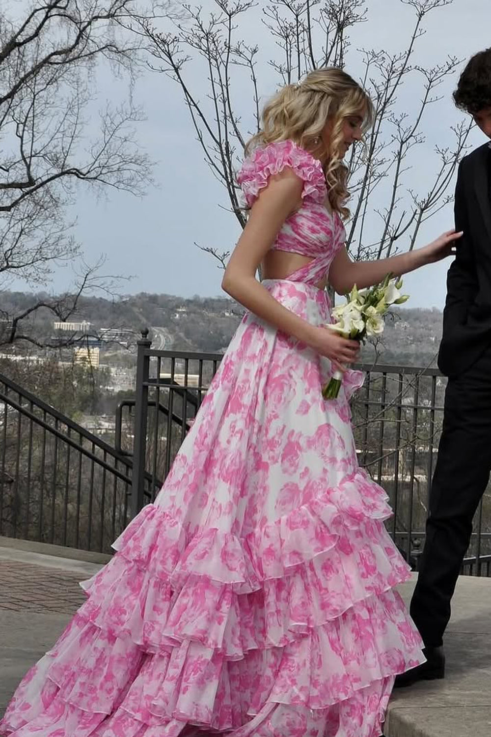 A-Line V Neck Pink Floral Printed Chiffon Ruffle Tiered Long Prom Dress Gown LF1315